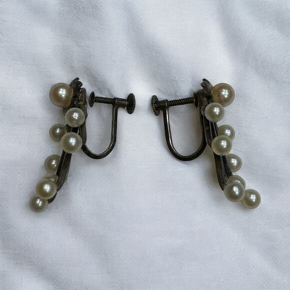 Vintage Mid Century Pearl Cluster Brooch and Matching Earrings, Sterling Silver - Picture 3 of 7